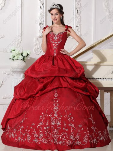 Double Straps Sweetheart Embroidery Western Quinceanera Ball Gown Wine Red