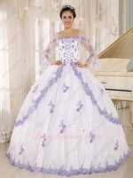 Square Long Flare Sleeves White Lolita Quince Cake Ball Gown With Lavender Lacework