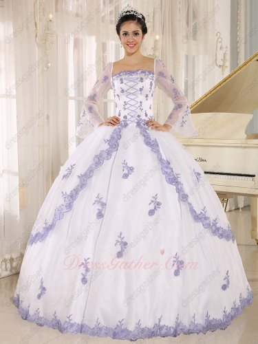 Square Long Flare Sleeves White Lolita Quince Cake Ball Gown With Lavender Lacework