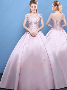 Summer Cool Lightest Pink Satin Puffy Flat Evening Ball Gown 3D Flowers Top Corset