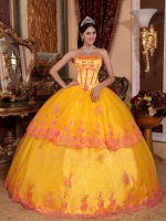 Strapless Marigold Bright Deep Yellow Quince Ball Dress With Fuchsia Details