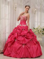 Coral Red Taffeta Pick Up Floor Length Ball Gown Quince With Champagne Applique
