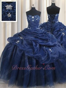 Appliqued Floor Length Very Puffy Skirt Navy Blue Pretty Girls Wear Quinceanera Gown