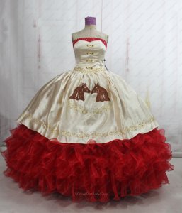 Western Style Quinceanera Ball Gown Horse Head Embroidery Champagne and Red Ruffles