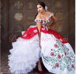 Off Shoulder Red & Green Branches Leaves Embroidery Western Quinceanera Gown White