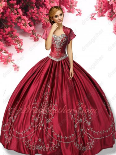 Cheap Wine Red V-Shaped Basque Satin Western Village Quince Gown Full Silver Embroidery