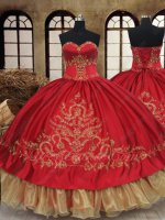 Hot Sell Western Destination Quinceanera Gown Red With Gold Embroidery Organza Hemline