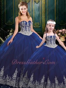 Adult and Girls Together Western Ball Gown Dark Royal Blue Silver Embroidery Low Price
