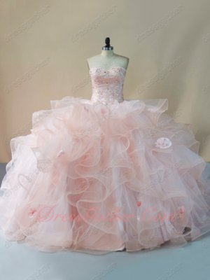 Horsehair Edging Tulle Wavy Waterfall Lovely Blush Pink Puffy Quinceanera Ball Gown