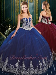 Western Quinceanera Ball Gown Dark Royal Blue Gauze Dress Silver Embroidery