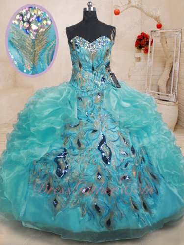Middle Peacock Tail Appliques Side Ruffles Turquoise Quinceanera Ball Gown Special