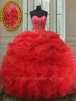 New Style Beaded Bodice Half Bubble Half Ruffles Red Quinceanera Ball Gown High Street