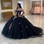 Shimmery Off Shoulder Beaded Application Black with Gold Quinceanera Dress and Train