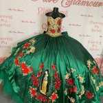 Strapless Virgin Mary Embroidery Charro Mexican Green Quinceanera Dress Exhibition