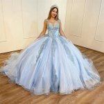 Sheer Illusion Scoop Neck Long Sleeves Baby Blue Quinceanera Dress Ball Gown and Train