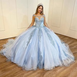 Sheer Illusion Scoop Neck Long Sleeves Baby Blue Quinceanera Dress Ball Gown and Train