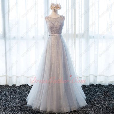 Dignified Silver Lace A-line Evening Dress With Rhomboid Pearl Craftwork Boutique