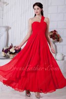 One Shoulder A-line Ankle Length Formal Meeting Equal Prom Dress Red Chiffon