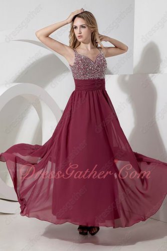 Cherry/Pale Wine Red Dual Straps Stylish Evening Dress Full Silver Beading Bodice