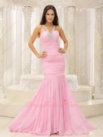 Elegant Beaded Halter Strap Baby Pink Mermaid Formal Evening Gowns Sweep Train
