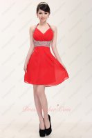 Girlish Halter Neck Short Red Vacation Prom Dress Under 80 Dollar