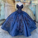 Spaghetti Straps Navy Blue Pleats Quinceanera Dress With Glitter Application