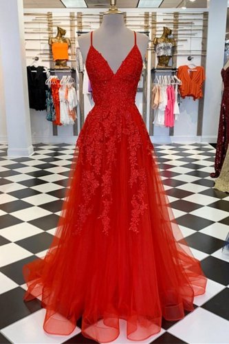 Sexy Spaghetti Straps V-Neck Appliques Red Tulle Evening Dress Horsehair Hemline