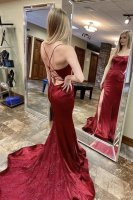 Elegant Scoop Spaghetti Straps Cross Back Mermaid Burgundy Prom Dress With Side Slit