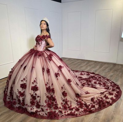 Off Shoulder 3D Flowers Sweep Train Beige and Burgundy Love Quinceanera Dress 21