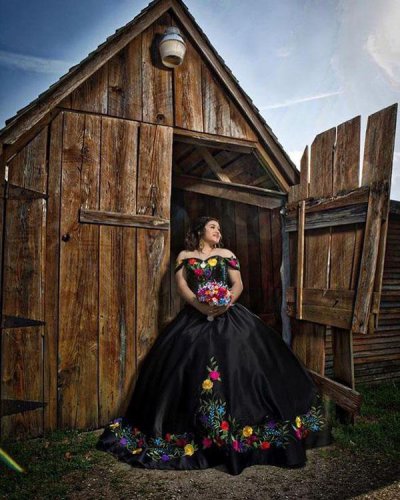 Off Shoulder Multi-color Embroidery Charro Black Quinceanera Dress Western