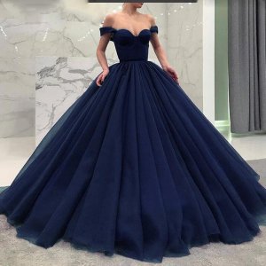 Off Shoulder Fish Boning Bodice Voluminous Box Pleats Skirt Navy Blue Quinceanera Ball Gown