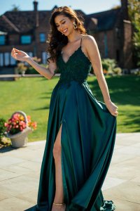 Beading and Applique Accented Slit Prom Pageant Gown Dark Green