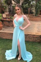 Spaghetti Straps Cross Back Aqua Blue Spandex Sexy Evening Dresses With High Split