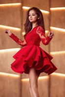 Sexy Long Lace Sleeves Tiered Mini Skirt Red Cocktail Party Dress V Neck