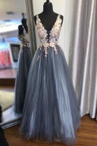 Designer Floor Length Ash Smoke Blue Tulle Evening Party Dress