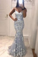 Spaghetti Straps Applique Baby Blue Formal Prom Dress With Narrow Sash