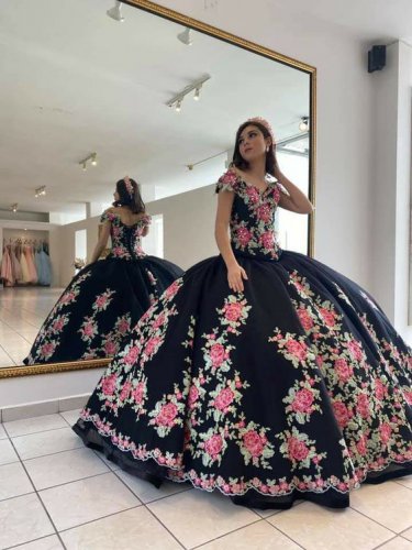 Off Shoulder Cap Sleeves Floor Length Rose Floral Quinceanera Dress Charra