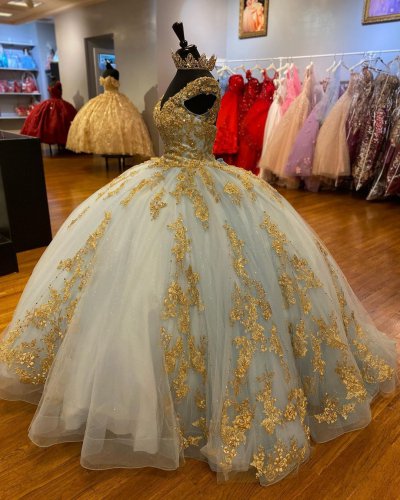 V Neck Off Shoulder Gold Applique Decorated Quinceanera Dress Grey Blue