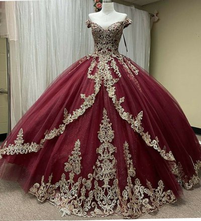 Off the Shoulder Gold Applique Burgundy Sweet 16 Dress For Quinceanera Wear