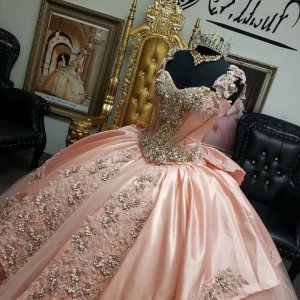 Lovely Wide Straps V Shaped Basque Beaded Blush Pink Quinceanera 15 Dress With Bow