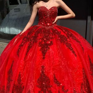 Wine Red Detachable Sleeves Beaded Quinceanera Dress With Glitter Application