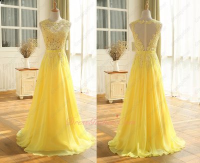 Sheer Blouse Appliques Floor Length A-line Bright Yellow Attend Occasion Prom Evening