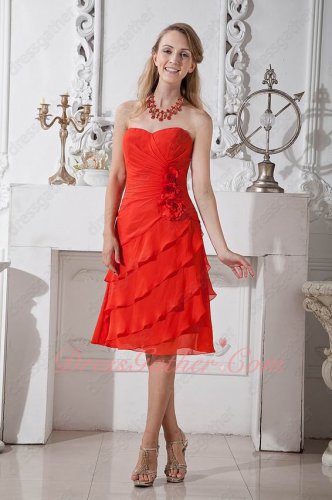 Scarlet Red Chiffon Oblique Layers Wives Appropriate Formal Party Wear
