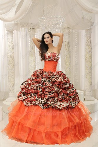 Orange Red Layers/Leopard Bubble Train Overlay Cake Quinceanera Ball Gown Cheap