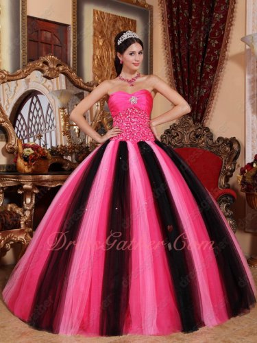 Contast Color Hot Pink/Baby Pink/Black Mixed Mesh Fluffy Quinceanera Evening Ball Gown