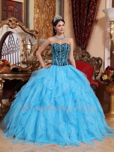 Pretty Aqua Cascade Skirt Embroidery and Lines Natural Waist Basque Quinceanera Gown