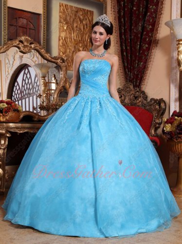 Pretty Aqua Blue Flat Organza Embroidery Quince Ball Gown Crossed Ruching Bodice