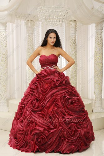 Pretty Wine Red Rolled Flowers Quinceanera Dress Puffy For Evening Party