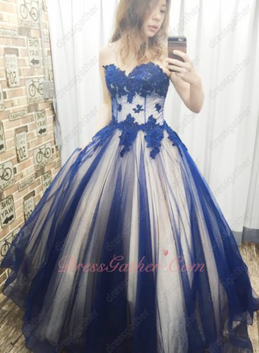 Dark Royal Blue Tulle Champagne Lining Inside Mix Style Girls Quinceanera Gifts Cheap