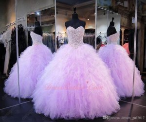Puffy Tulle Densely Ruffles Floor Length Lilac Quinceanera Ball Gown Has Pearl